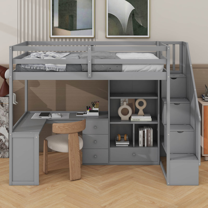 Twin Size Loft Bed With L-Shaped Desk And Drawers, Grey