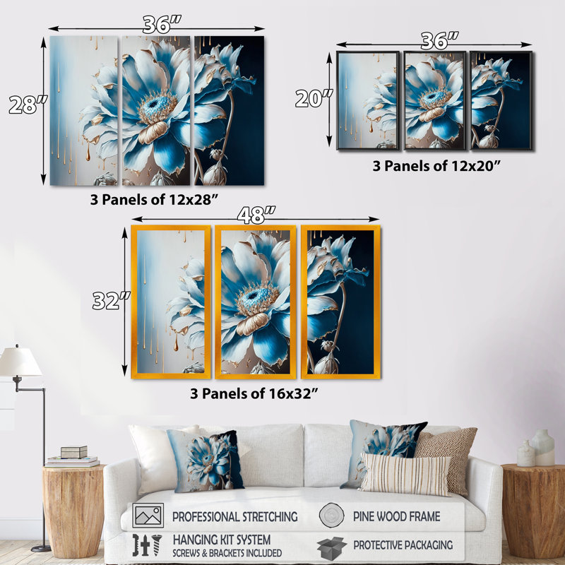Ice Blue Daisy I - 3 pièces, reproduction sur toile, Noir, H 28 po x l 36 po x P 1 po