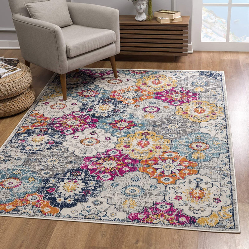Tapis intérieur en polypropylène tissé à la machine Manal en rouille / rose / bleu, Rectangulaire 8 pi x 11 pi