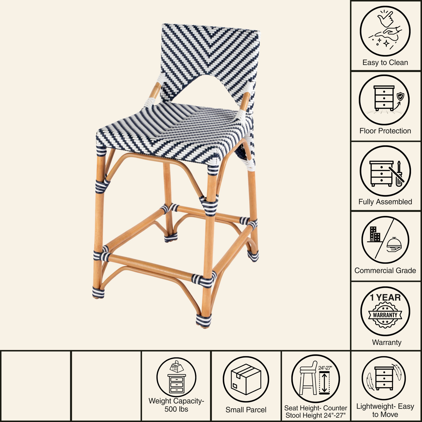 Estela Woven Stool, Navy Blue/White