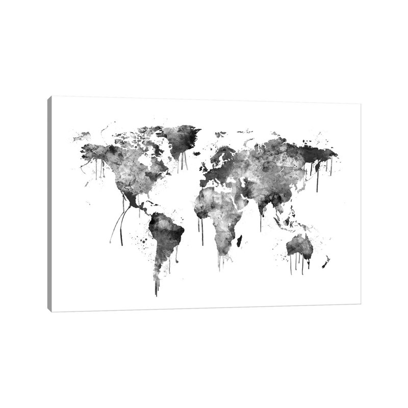 Watercolour Map Of The World Map, Grey Scale by Michael Tompsett - Wrapped Canvas Print, 20.32cm H x 30.48cm W x 1.91cm D