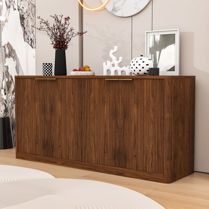 Curved Sideboard with 4-Door Storage Cabinet for Living Room, Kitchen, Bedroom or Entryway, Walnut