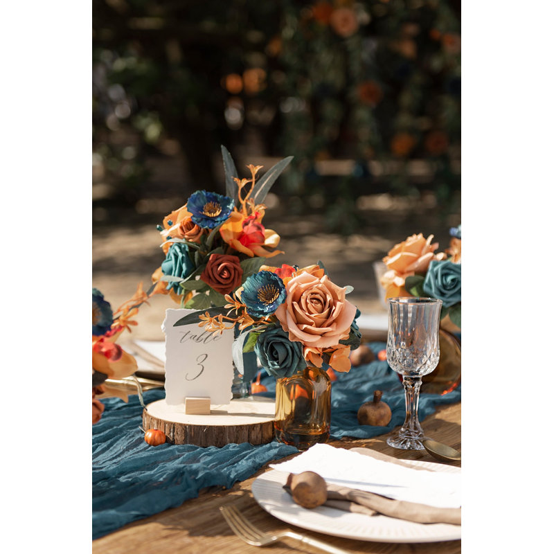 Ensemble de centre de table floral prêt à l'emploi Ling's Moment Mini, coloris bleu sarcelle foncé et orange brûlé