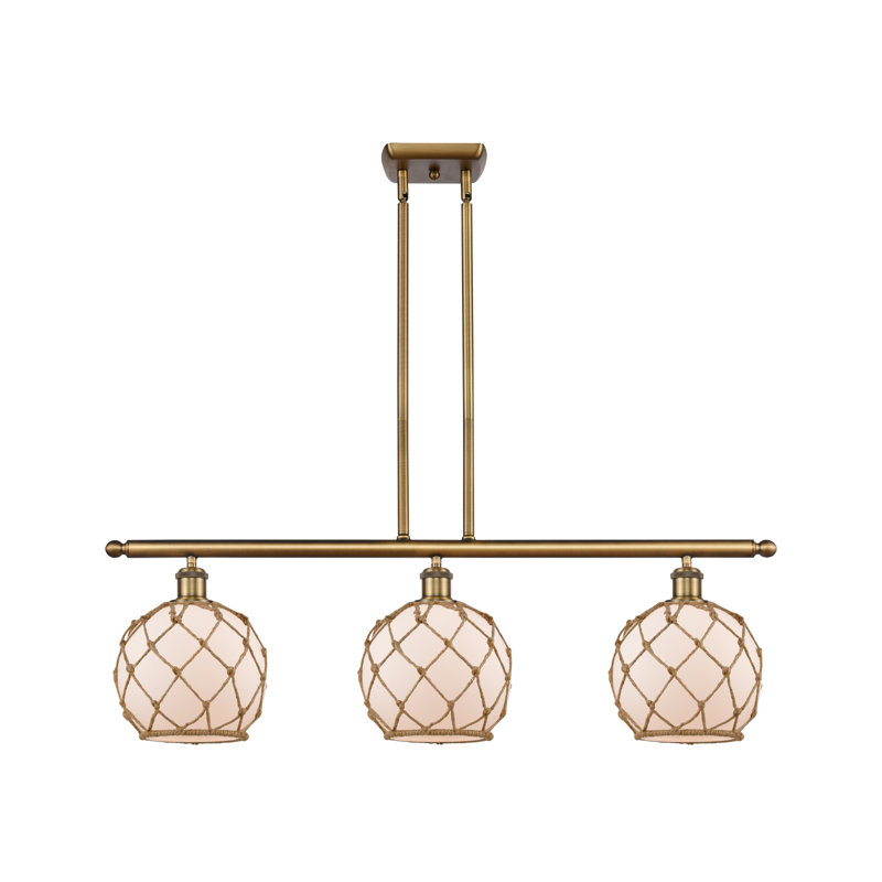Luminaire suspendu linéaire à 3 lumières pour îlot de cuisine Hildebrandt Farmhouse, Verre transparent avec corde blanche