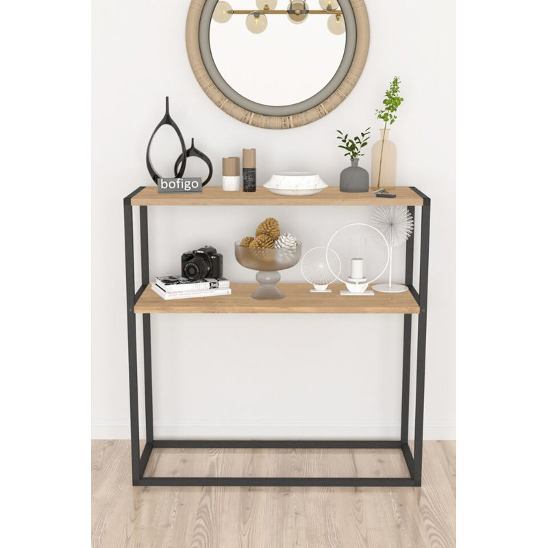 Aigar 90cm Solid Wood Top Console Table, Beige/Black
