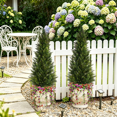 Artificial Cedar Tree With Flower, Indoor Outdoor Faux Greenery For Home Porch Decor(Set Of 2)