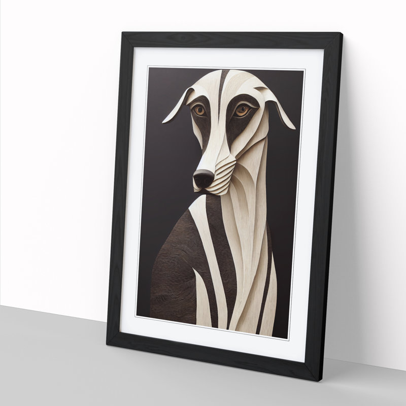 Greyhound Wood Carving - Picture Frame Print, 64cm H x 46cm W x 2cm D, Black