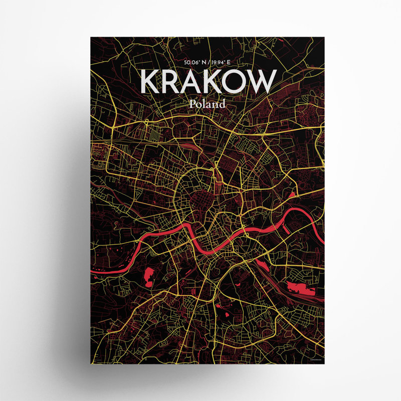 «Krakow City Map», impression de luxe, H 27,6 po x l 19,7 po, Noir / rouge / jaune