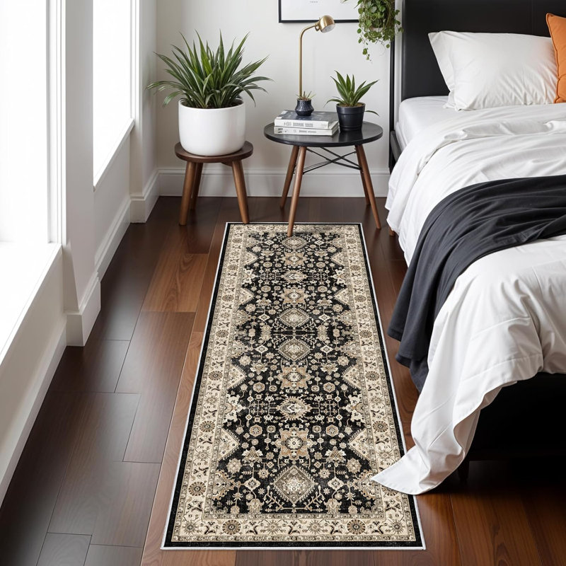 Washable Hallway Rug: Non Slip Rugs with Rubber Backing Soft Kitchen Rug Farmhouse Distressed Carpet Runner for Living Room Bedroom Bathroom (Black)