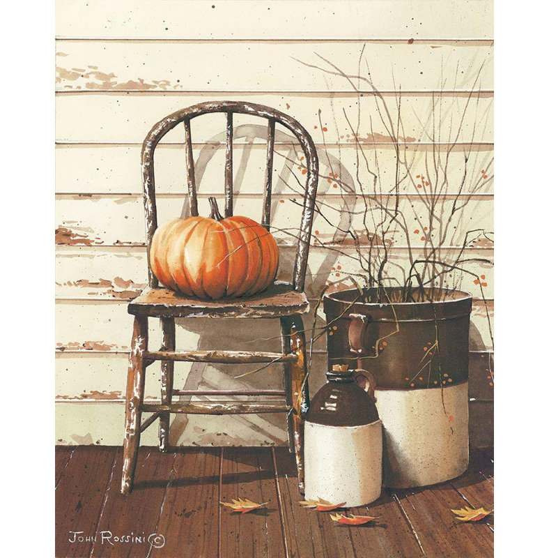 «Red Barrel Studio® Rossini, John», art sur toile tendue avec châssis: citrouille et chaise, H 18 po x l 15 po