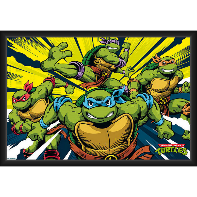 ACHETER DES ARTS POUR MOINS sous licence officielle Tortues Ninja - En action - Affiche d'art encadrée - 24 x 36 po - Cadre en bois d'ingénierie robuste avec verre plexi - prêt à être accroché