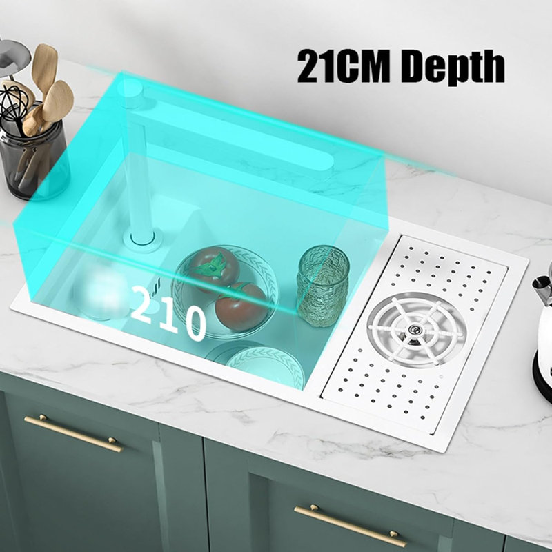 Nano White 23" Undermount Bar Sink For Rv Balcony With Up Down Faucet & Glass Rinser, 23" L X 12.5" W