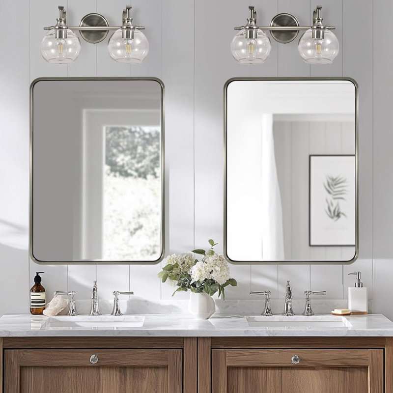 Modern Globe Clear Glass Bathroom Vanity Light Fixture with Metal Gooseneck Frame, 2, Brushed Nickel