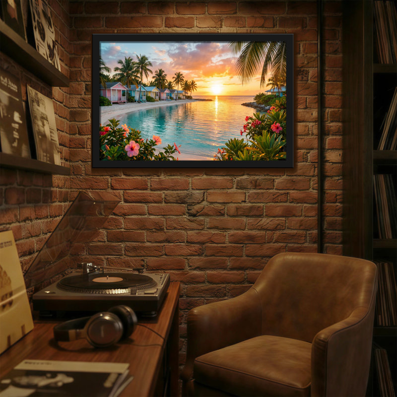 Paysage et nature Coucher de soleil tropical Plage Cabanas Palmiers Fleurs Eau, H 24 po x l 36 po