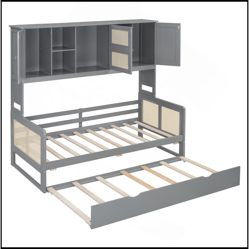 Wooden Daybed With Twin Size Trundle, And All-In-One Cabinet And Shelf, Gray, Twin
