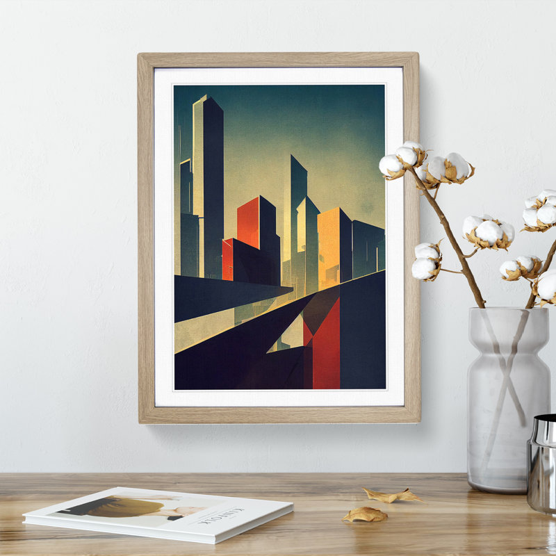 Angular City Skyline - Single Picture Frame Print, Oak, 64cm H x 46cm W x 2cm D