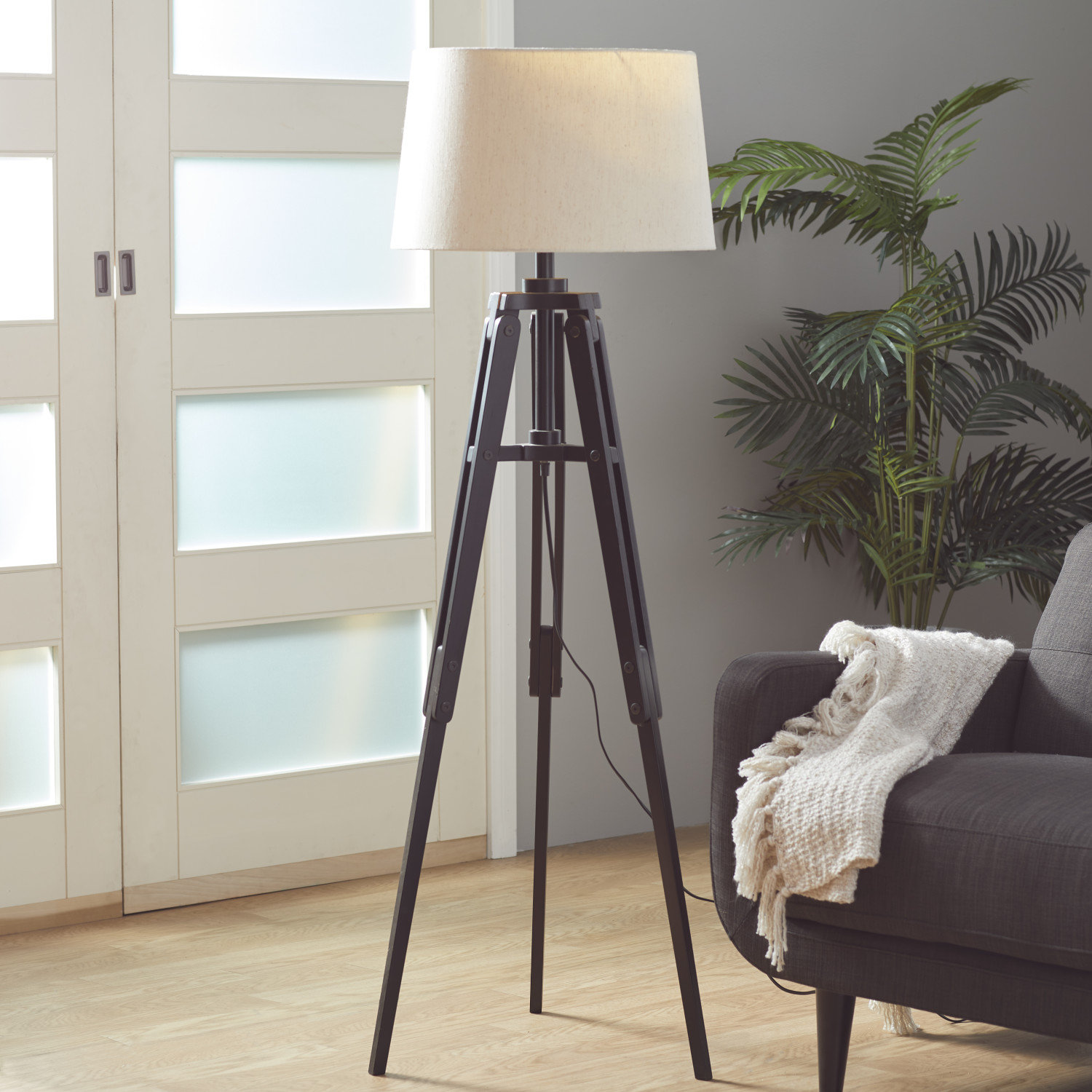 Trent Austin Design Wood Tripod Room Floor Lamp with Cream Linen Shade ...