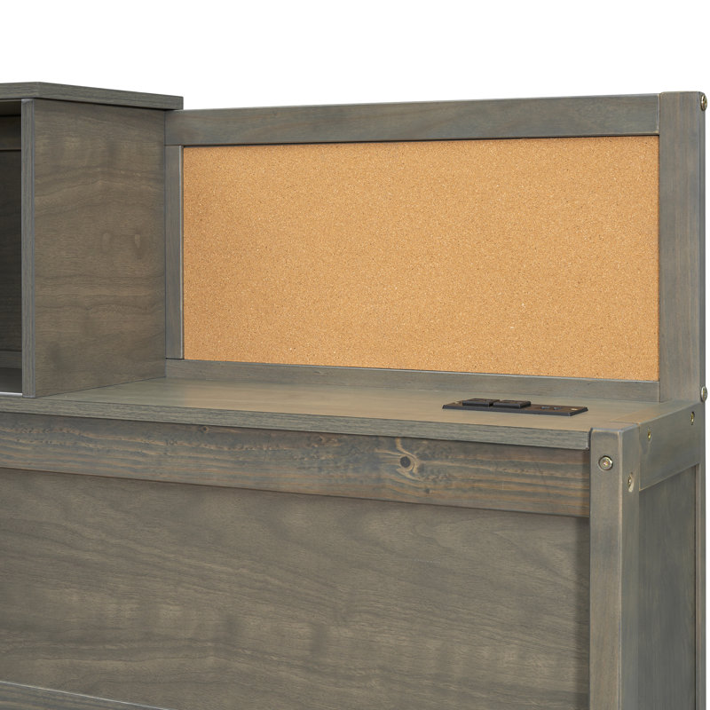 Lit de jour pleine grandeur en bois gris avec fonction de rangement, tablette et dispositif - Prises de charge pour lit de jour électronique, offrant 3 tiroirs, Tech