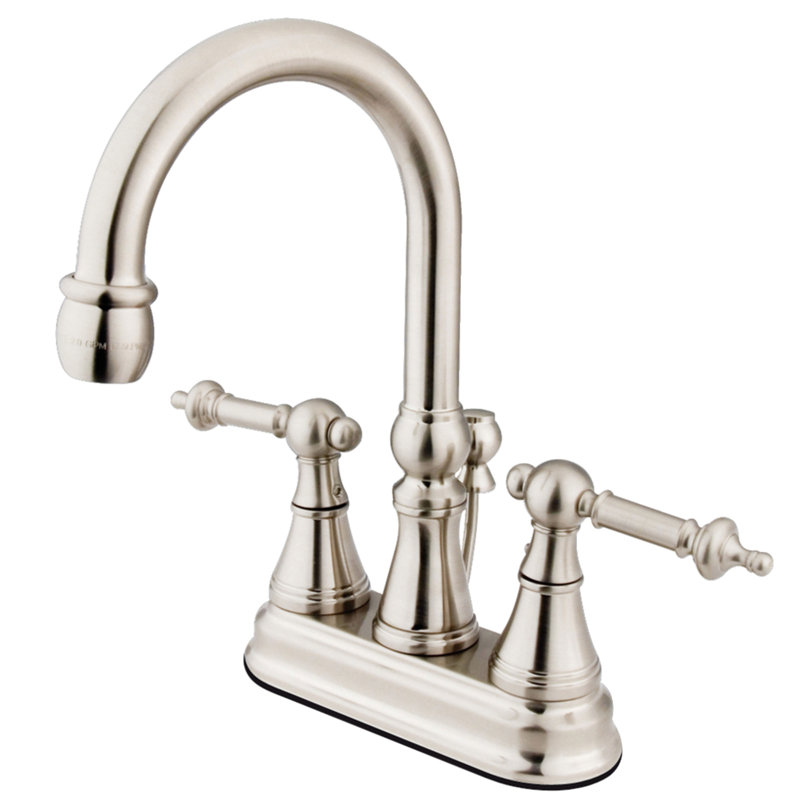 Kingston Brass Templeton Two-Handle 3-Hole Deck Mount 4" Centerset Bathroom Faucet with Brass Pop-Up, Brushed Nickel