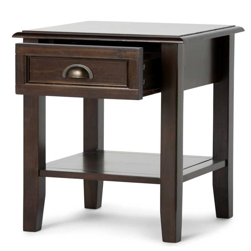 Burlington 18"W Solid Wood Transitional Square End Table with Drawer and Open Shelf, Mahogany Brown