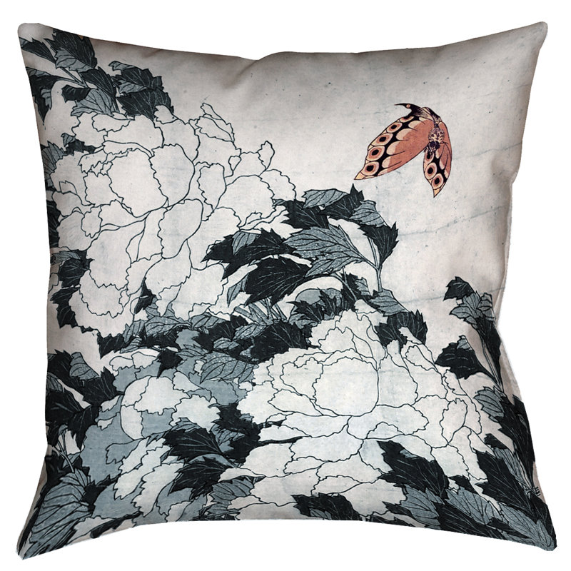 Coussin Katsushika Hokusai, 14 po x 14 po, Pêche / gris