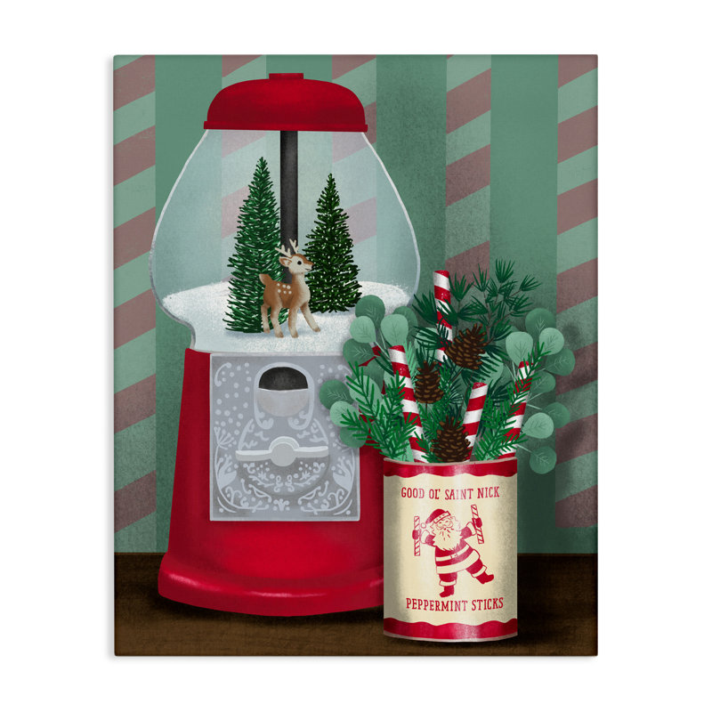 Toile de Noël rétro avec machine à boules de Noël, design par Jilly Jack Designs, H 20 po x l 16 po
