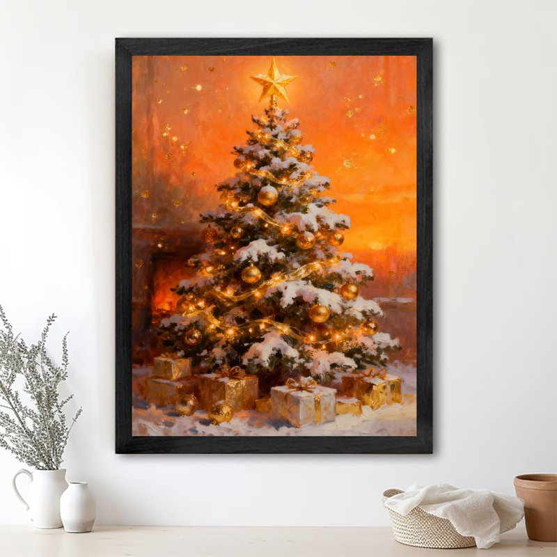 Reproduction d'art encadré noir, arbre de Noël et cadeaux d'hiver rétro, H 11 po x l 9 po