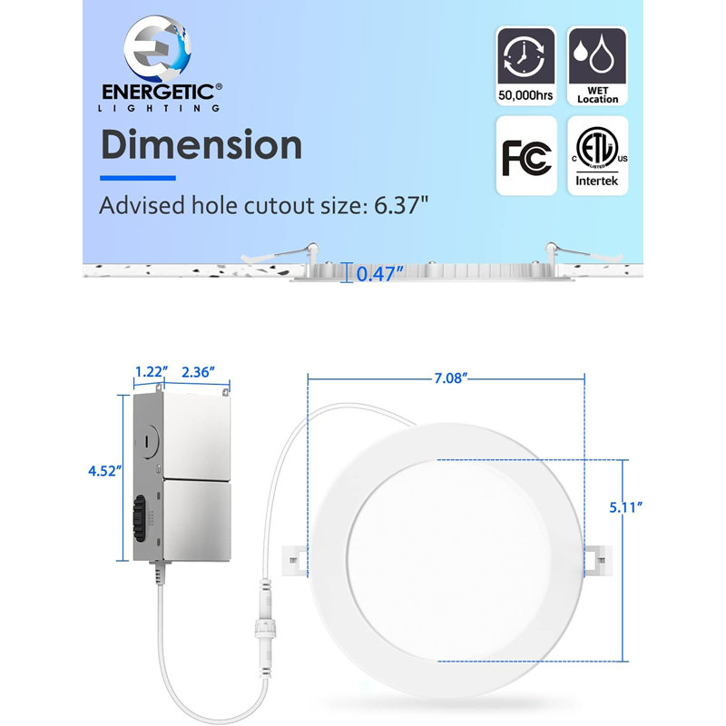 6'' Dimmable Ultra-Thin LED Recessed Downlight with Junction Box, 2700K to 6500K Selectable