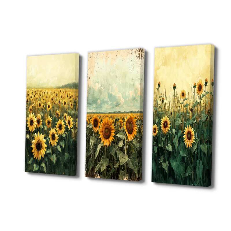 Été tournesol pré dans la prairie I - Collection d'art mural traditionnel, H 40 po x l 60 po, Toile tendue, Ne s’applique pas