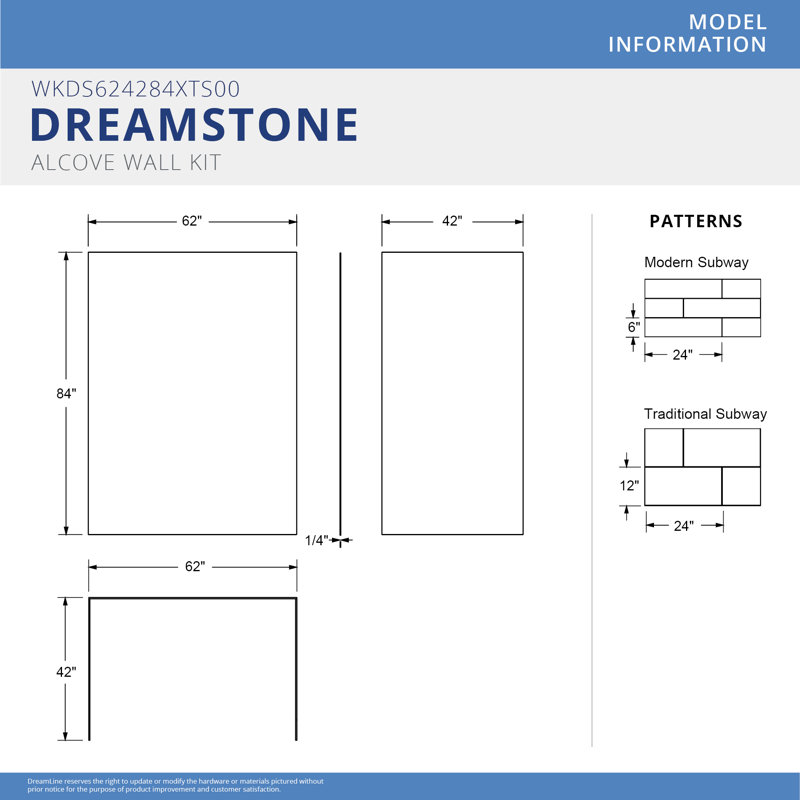DreamLine DreamStone 42 in. D x 62 in. W x 84 in. H Shower Wall Kit in White Traditional Subway