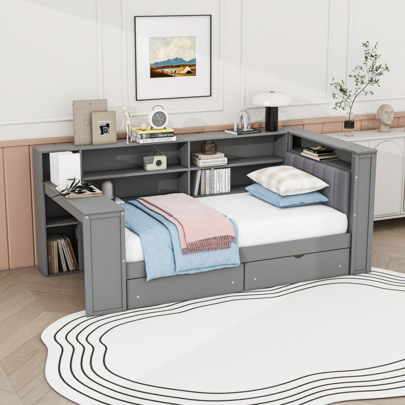 Lit plateforme en bois 2 tiroirs avec tablettes, station de charge et bureau, Lit simple, Gris
