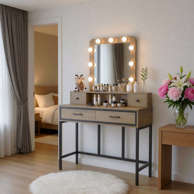 39.37" Brown Vanity Desk With 3-Color Lighted Mirror - Makeup Table With 4 Drawers