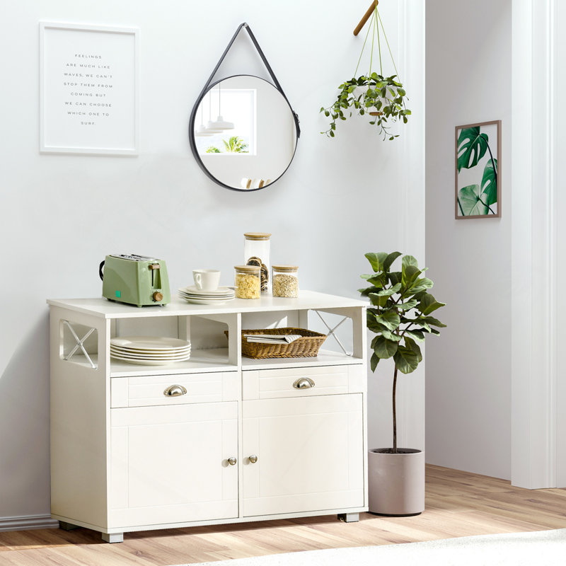 Buffet buffet, armoire à café, armoire de cuisine avec tiroirs de rangement, grand plateau latéral et barre latérale, blanc