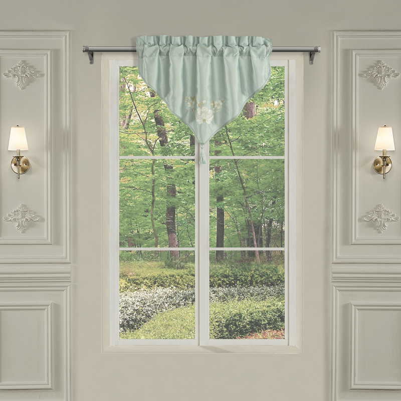 Green Floral Embroidered Tassel Rod Pocket Valance