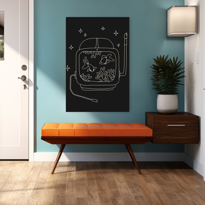 Affiche murale abstraite contemporaine représentant un casque de poisson fantaisiste dans un paysage de poissons, avec des poissons et une nature.