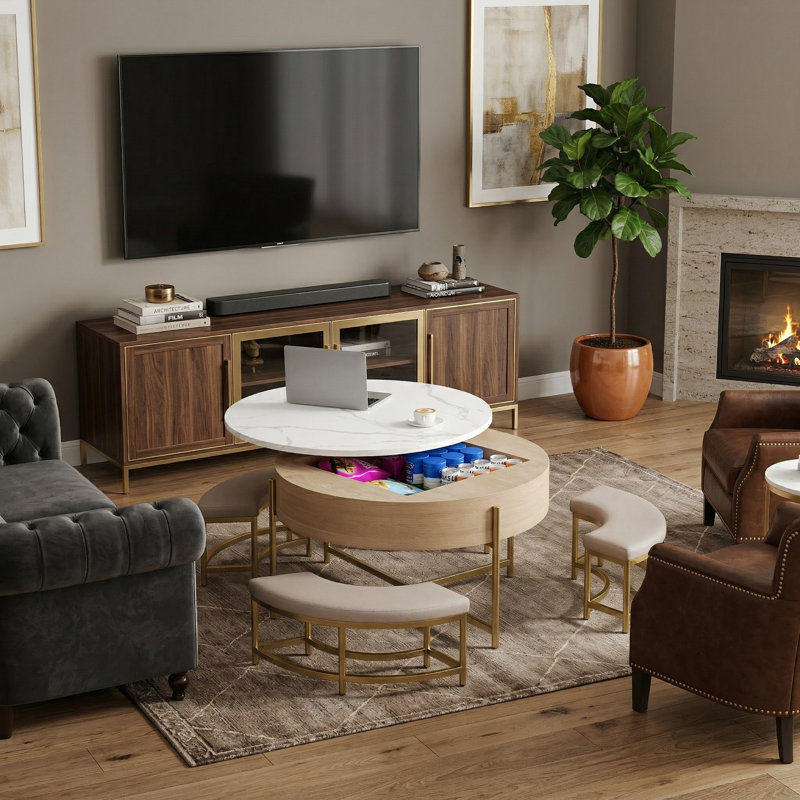 Table basse moderne à plateau relevable avec rangement, 3 repose-pieds inclus, blanc et naturel, Naturel