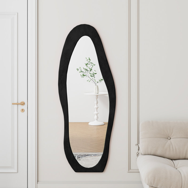63" X 24" Full Body Mirror, Flannel - Wrapped Frame, Unique Irregular Shape, Black, Shatterproof For Dressing Room Decorating Large 63"X24" Length Wavy Design, Wall Or Floor Placement,