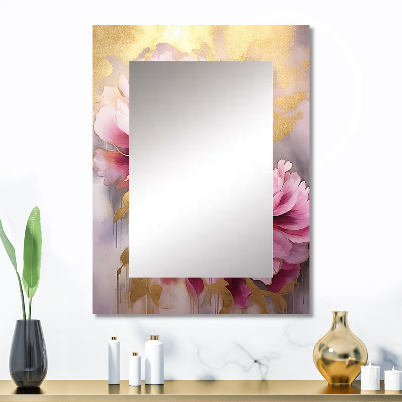 Pink And Gold Peonies In Radiance I - Peonies Mirror, Traditional Decorative Wall Mirror, Printed Metal Art, 32" x 24"