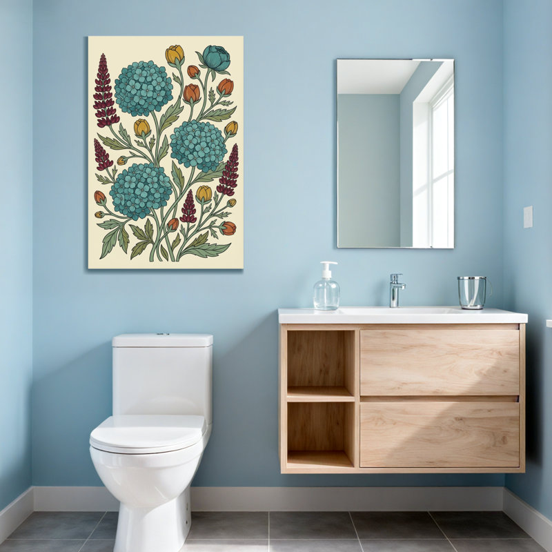 Motif floral de plantes et de fleurs avec fleurs bleues et rouges, H 18 po x l 12 po