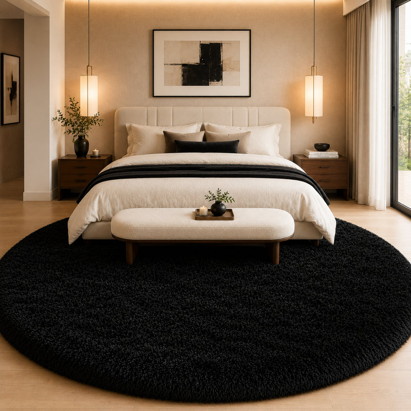 9x9 ft Black Round Rug for Bedroom Room Fluffy Circle Rug Furry Carpet Shaggy Circular Fuzzy Washable Non-Slip Large Area Rug Soft Indoor for Living Room Cute Aesthetic Home Decor