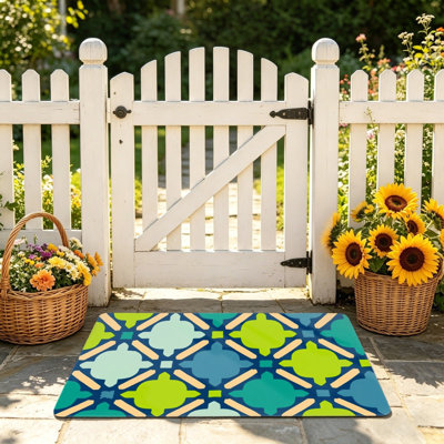 Moroccan Tile Pattern Door Rug For Outdoor And Indoor, 24 X 36 In, Blue Green Orange