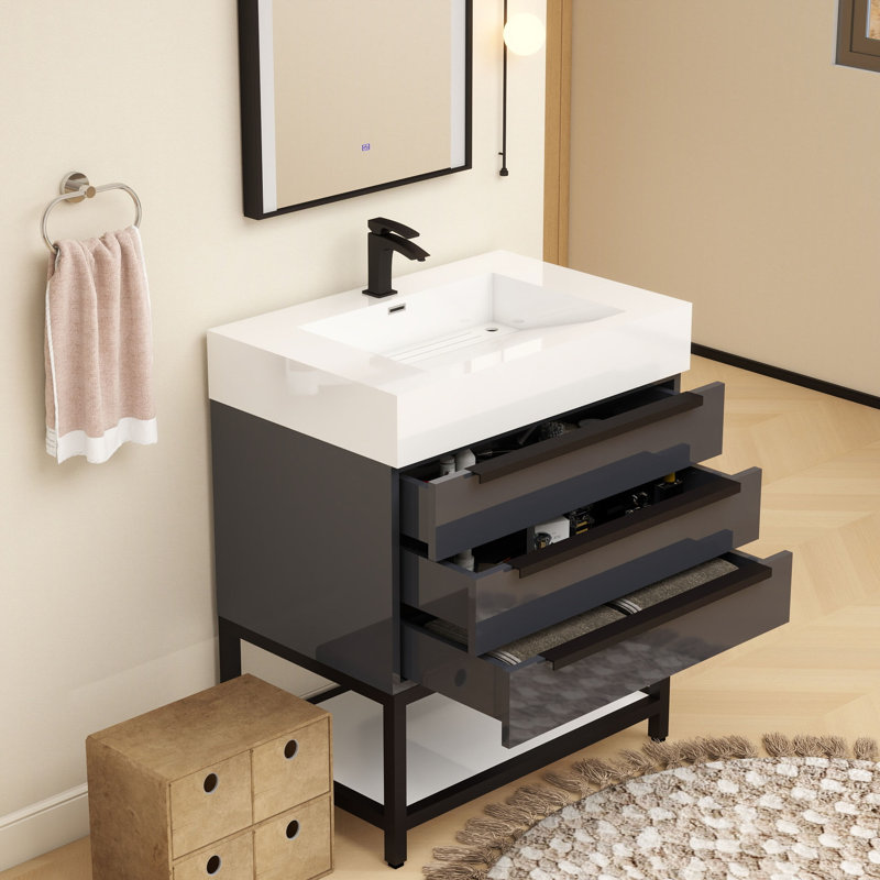 Jessica 29.5'' Single Bathroom Vanity with Stone Top, Gloss Gray