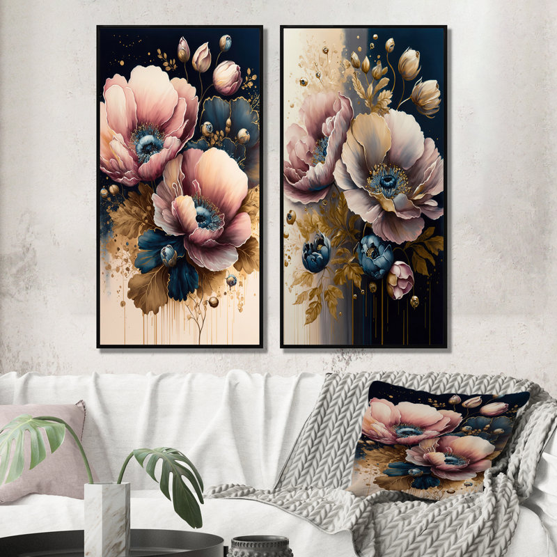 «Bold Pink and Blue Poppy Flowers», 2 pièces sur toile, Cadre noir, H 20 po x l 24 po