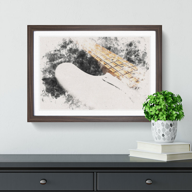 Strings of a White Bass Guitar - Picture Frame Graphic Art Print, 24cm H x 33cm W x 2cm D, Walnut Framed
