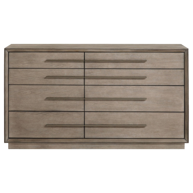 Grande commode Lyni, 8 tiroirs de rangement, tablette ouverte, chêne blanchi