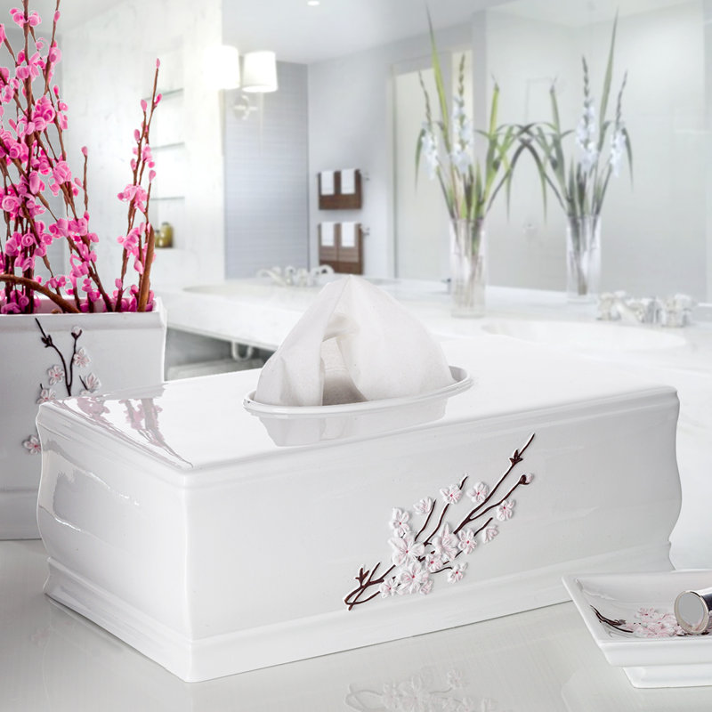 White Floral Resin Rectangular Tissue Box Cover