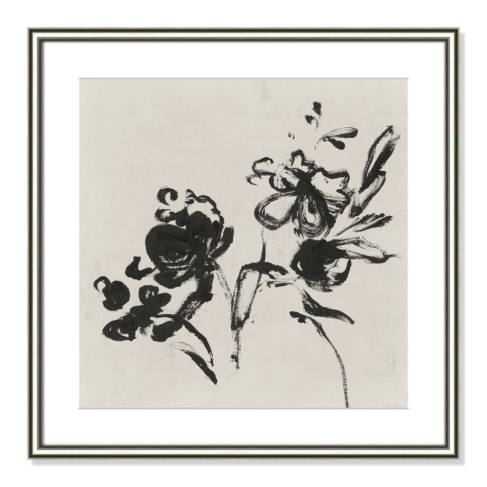 Black Florals I by Isabelle Z - Picture Frame Painting, Silver, 24.75" H x 24.75" W 