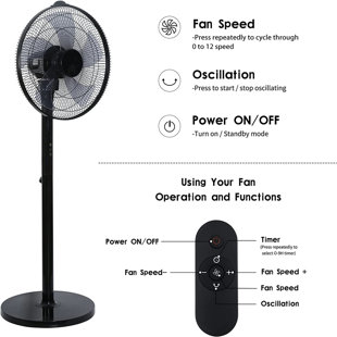 Fan For Indoor, Home, Office And College Dorms, Simple Luxurious 14.5" Adjustable 12 Speed Base Stand Fan With Remote Control, 90 Degree Pan Swing, 9 Hour Timer, Black