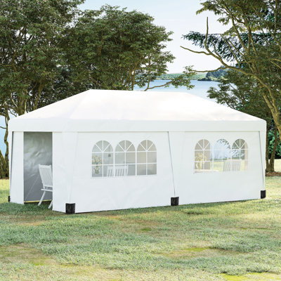 Auvent escamotable 10 pi x 19,5 pi - parois latérales, hauteur facilement réglable pour divers rassemblements, jardin et patio pratiques, portes doubles, sac de transport à roulettes, Uv30 +, blanc, multiples événements, idéal