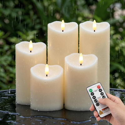 Bougies sans flamme imperméables pour l'extérieur avec télécommande, bougies à DEL à pile avec minuterie, bougie à faux pilier scintillante pour décoration de patio extérieur, ivoire, ensemble de 5, D3 x H4 5 po 6 po 8 po 8 po